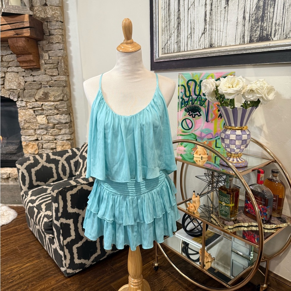 Turquoise romper!! With a ruffle top cinching at the waist!